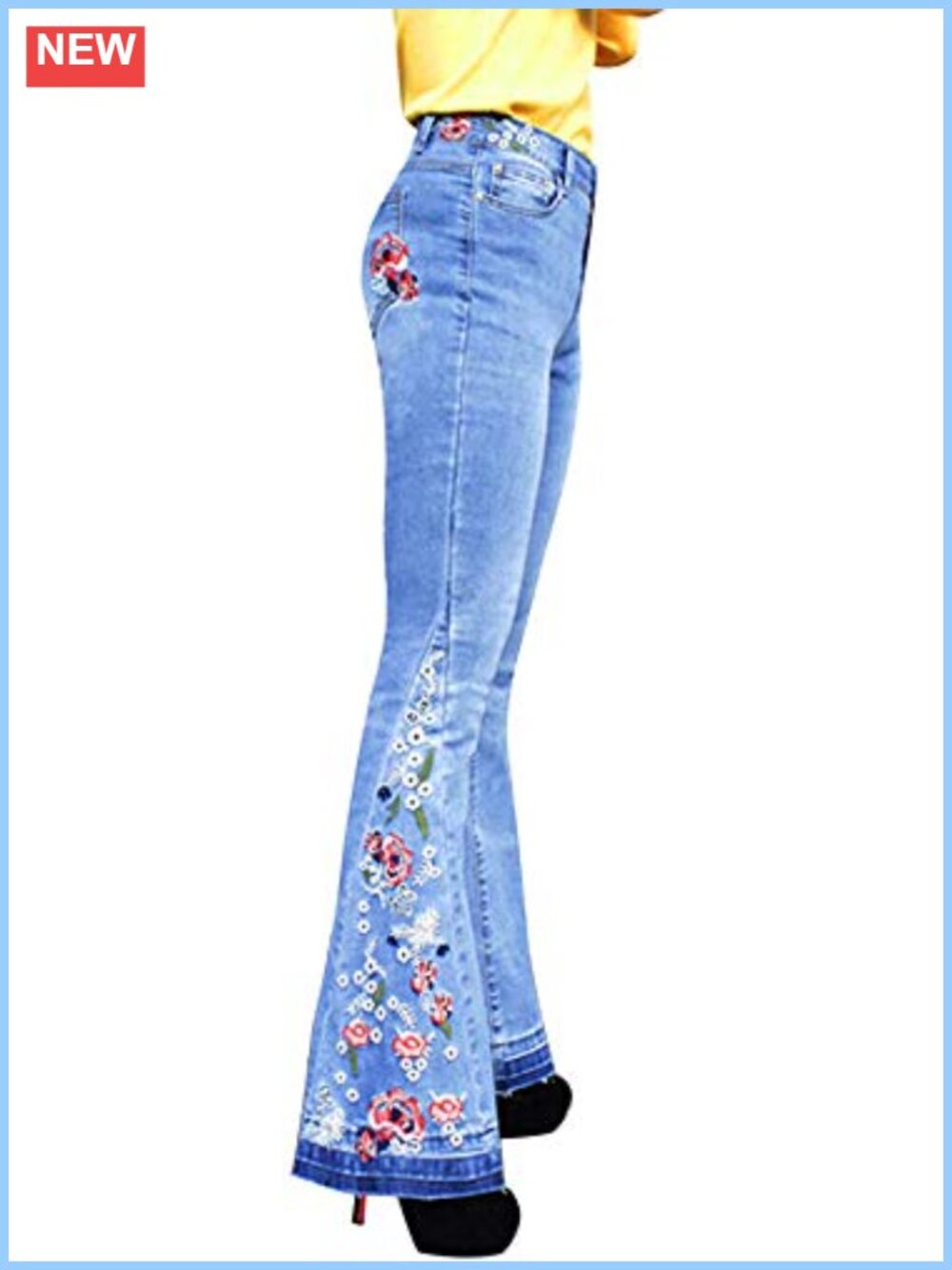 Womens Floral Embroidered Bell Bottom Jeans High Waist Wide Leg Denim